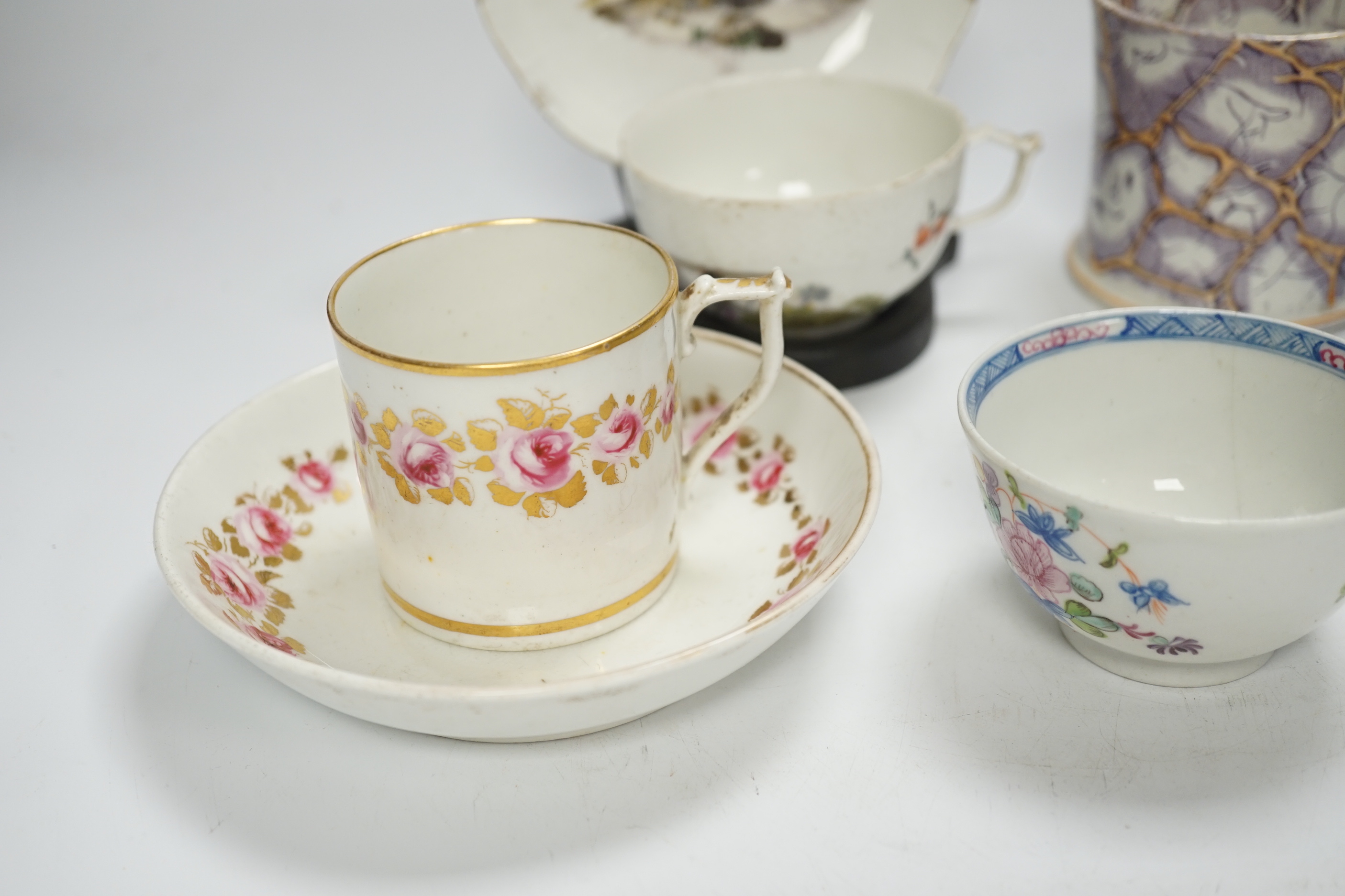 Two Derby porcelain coffee cans and one saucer, a tea bowl, a pearlware mug and a mid 18th century Meissen cup and saucer, tallest mug 8cm high